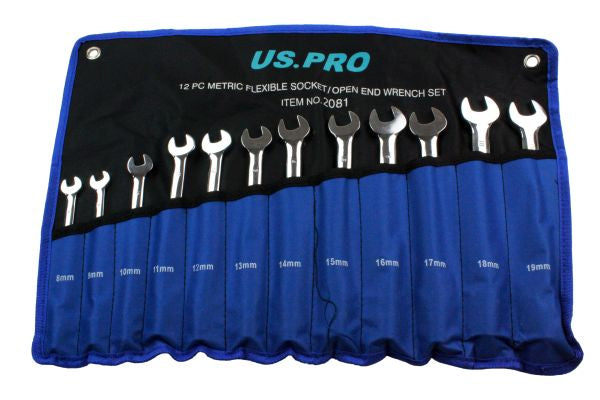 US PRO 12pc Flexible Head Socket / Open End Spanner Set Metric 8-19mm B2081