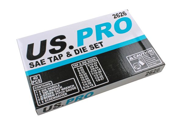 US Pro 40PC SAE TAP AND DIE SET AF 4-40 TO 1/8-27 SAE THREADS B2626