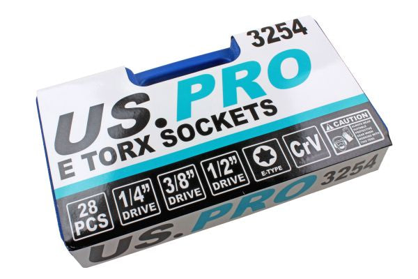 US Pro E-torx Sockets 28pc 1/4 3/8 1/2 inch Drive Female Star Socket Set E4-E24