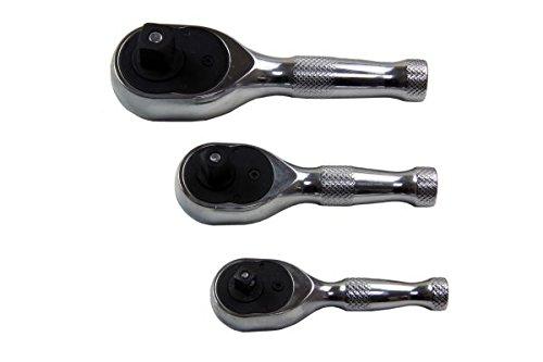 1/4'' 3/8'' 1/2'' 3pc Stubby Ratchet Handle Set Short Wrench Sockets US Pro