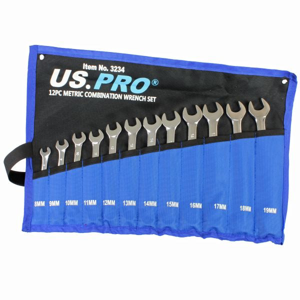 US Pro 12pc Combination Spanner Set Spanners Metric 8-19mm Wrenches Polished