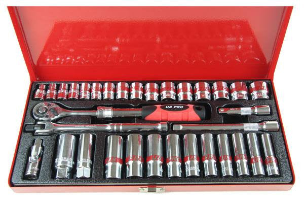 US PRO 33pc 3/8" Drive Socket Set Shallow & Deep, Extendible Ratchet B1020