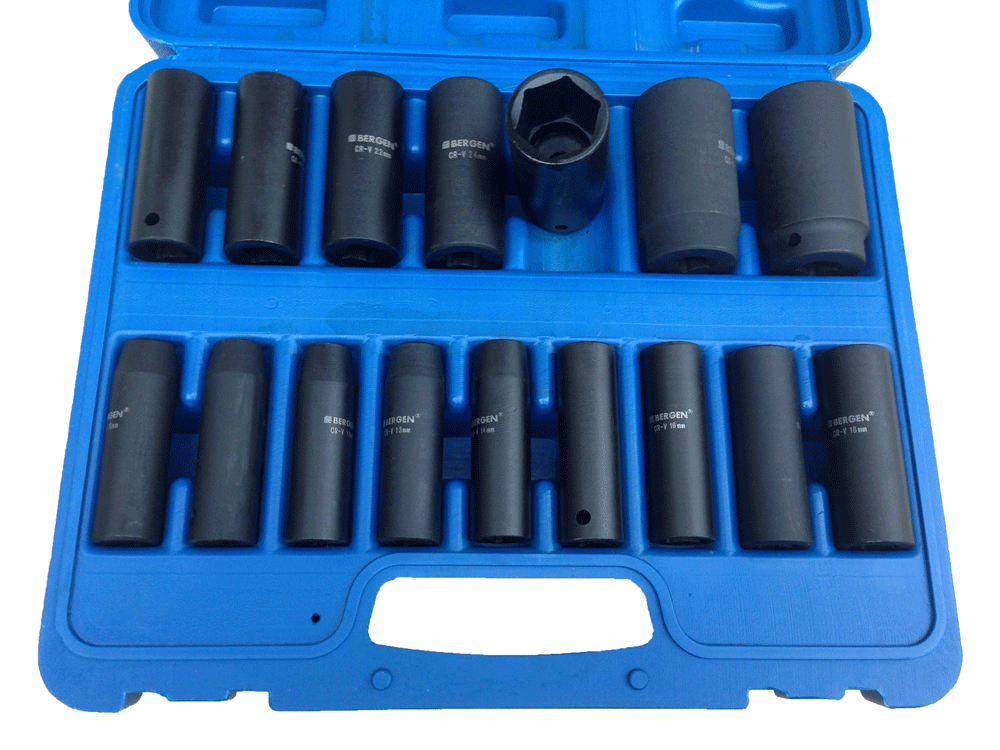 BERGEN 16pc 1/2"dr DEEP IMPACT SOCKETS Metric 10-32 mm, Single hex, 6 point