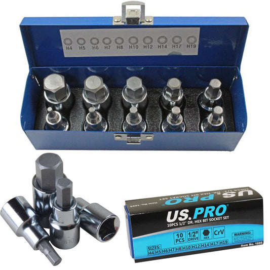 US Pro 10 piece 1/2 HEX ALLEN BIT SOCKET SET 1/2'' Drive 10pc B1695