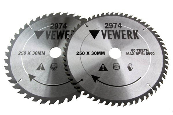 2 Pack TCT Circular Wood Saw Blades 250mm x 30mm 1 x 40T and 1 x 60T Table Mitre