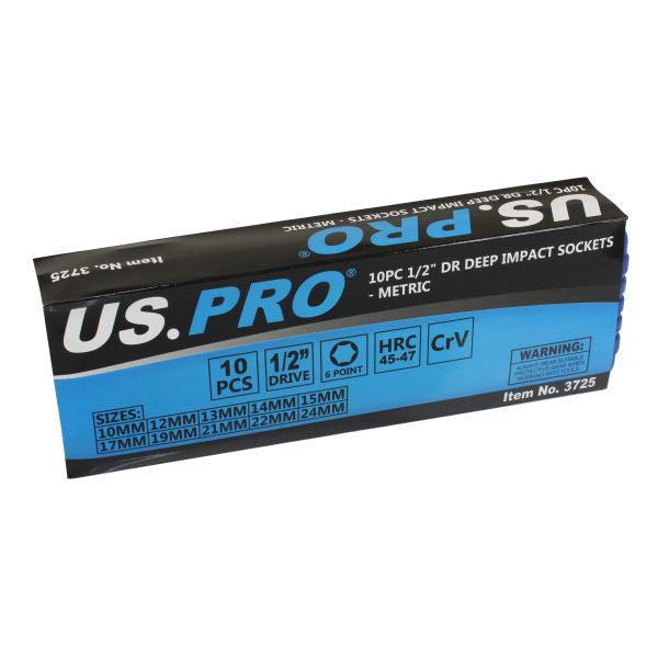 US Pro 10pc 1/2''Dr Deep Impact Sockets 10-24mm Metric