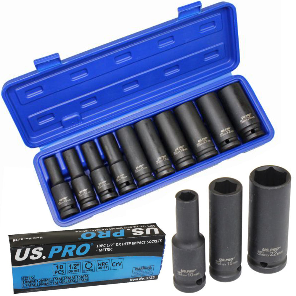 US Pro 10pc 1/2''Dr Deep Impact Sockets 10-24mm Metric