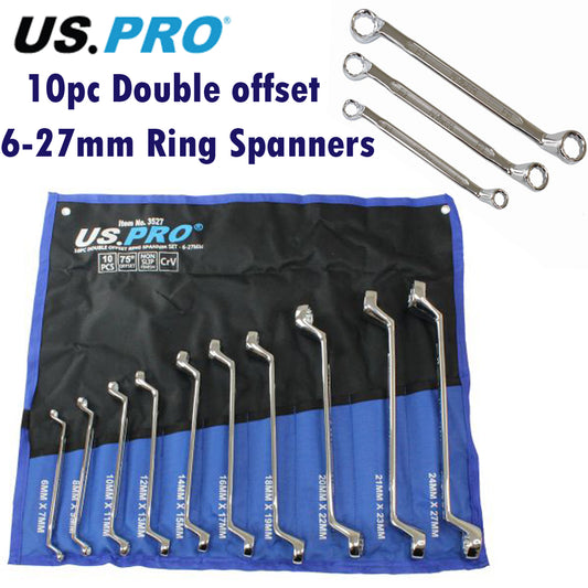 US Pro 10pc Offset Ring Spanners 6-27mm 12 Point Swan Neck Double Box Wrench