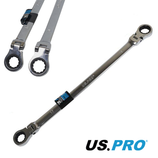 US PRO Extra Long Double Ended Flex-Head Ratchet Spanner 17 & 19mm x 415mm 3872