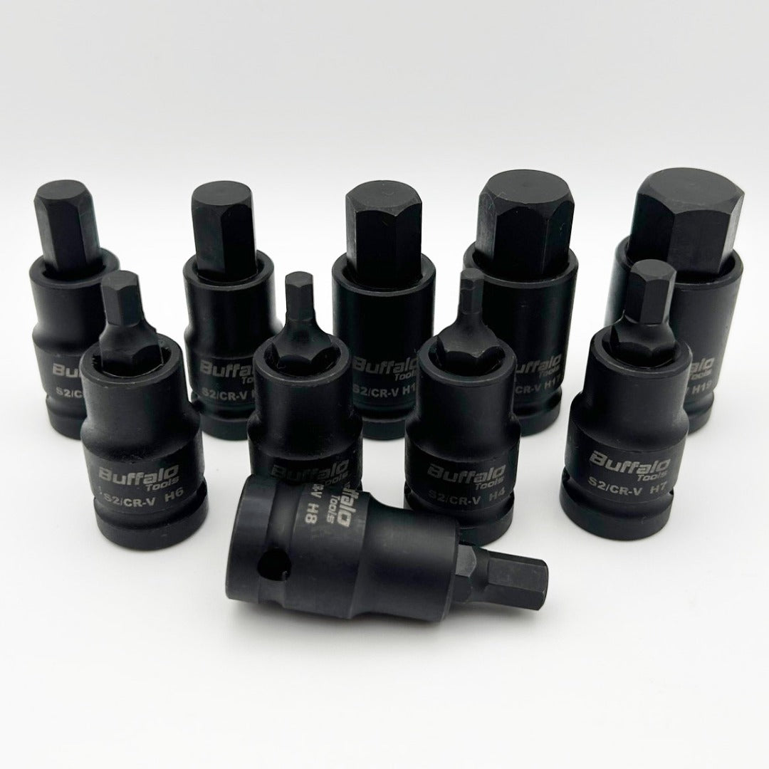 10pcs Impact Hex Bit Socket Set 1/2'' Drive H4, H5, H6, H7, H8, H10, H12, H14, H17, H19