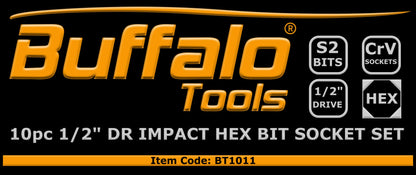 10pcs Impact Hex Bit Socket Set 1/2'' Drive H4, H5, H6, H7, H8, H10, H12, H14, H17, H19