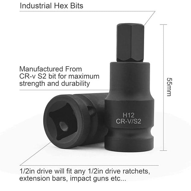 10pcs Impact Hex Bit Socket Set 1/2'' Drive H4, H5, H6, H7, H8, H10, H12, H14, H17, H19