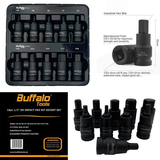 10pcs Impact Hex Bit Socket Set 1/2'' Drive H4, H5, H6, H7, H8, H10, H12, H14, H17, H19