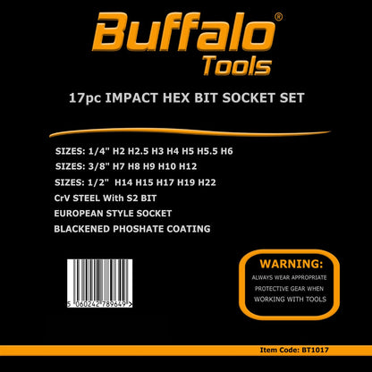 17pc Impact Hex Bit Socket Set Allen Key 1/4 3/8 1/2'' Dr Mixed Drive H2 to H22 2-22mm