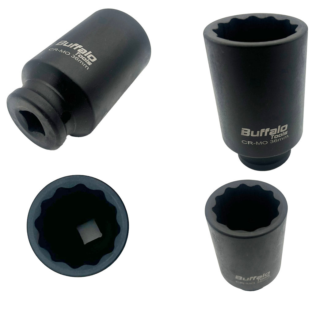 Buffalo Tools 36mm 1/2 inch Deep Impact Socket, Hub Nut, Flywheel 12 point Bi-Hex