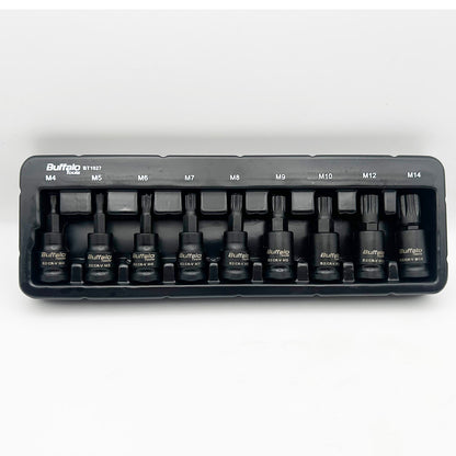 Buffalo Tools 9pcs 3/8 inch Spline Impact Socket Bit Set M4-M14, Durable Vanadium Steel, Rust Resistant Finish, 4mm-14mm Tool Set with Storage Tray