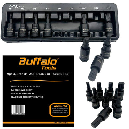 Buffalo Tools 9pcs 3/8 inch Spline Impact Socket Bit Set M4-M14, Durable Vanadium Steel, Rust Resistant Finish, 4mm-14mm Tool Set with Storage Tray