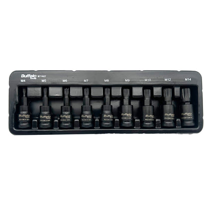 Buffalo Tools 9pcs 3/8 inch Spline Impact Socket Bit Set M4-M14, Durable Vanadium Steel, Rust Resistant Finish, 4mm-14mm Tool Set with Storage Tray
