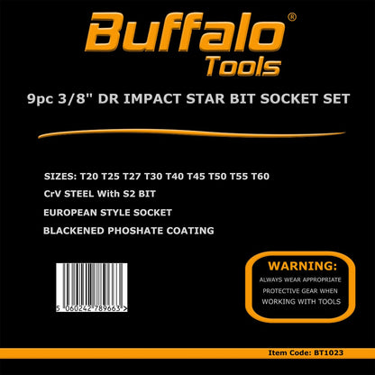 Buffalo Tools 11pcs 3/8 inch Torx Star Impact Socket Bit Set T10-T60, Durable Chrome Vanadium Steel, Rust Resistant TRX-Star Tool Set with Storage Tray