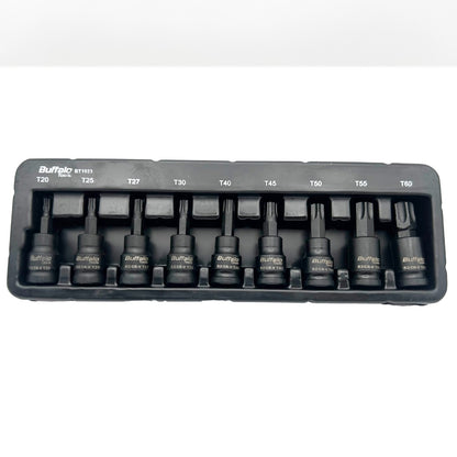 Buffalo Tools 11pcs 3/8 inch Torx Star Impact Socket Bit Set T10-T60, Durable Chrome Vanadium Steel, Rust Resistant TRX-Star Tool Set with Storage Tray