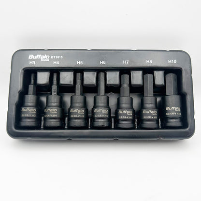 Buffalo Tools 7pcs 3/8 inch Hex Impact Socket Bit Set H3-H10 Allen Key, Durable Vanadium Steel, Rust Resistant Finish, 2mm-10mm Tool Set with Storage Tray