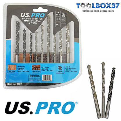 US PRO 9PC DRILL BIT SET FOR MASONRY, METAL AND WOOD