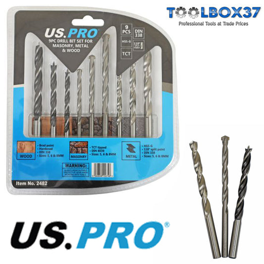 US PRO 9PC DRILL BIT SET FOR MASONRY, METAL AND WOOD