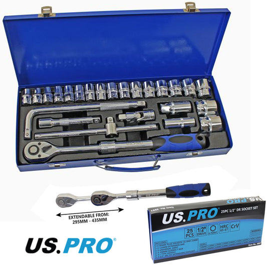 US Pro 25pc 1/2 dr Socket Set with Extendable Ratchet 10-32mm Sockets 6 point