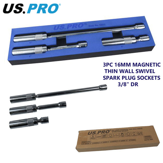 US PRO Tools 3pc 16mm Magnetic Thin Wall Swivel Spark Plug Sockets 3/8