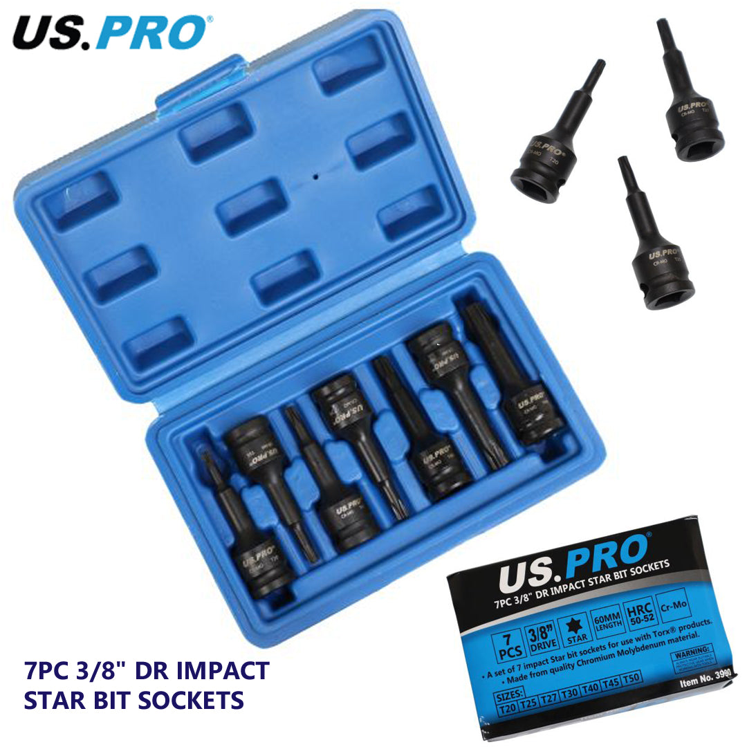 US PRO Tools 7PC 3/8'' DR Impact Star Torx Bit Sockets Set TRX T20 - T50 3990