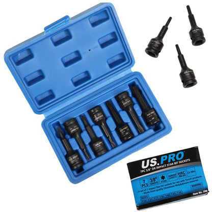 US PRO Tools 7PC 3/8'' DR Impact Star Torx Bit Sockets Set TRX T20 - T50 3990