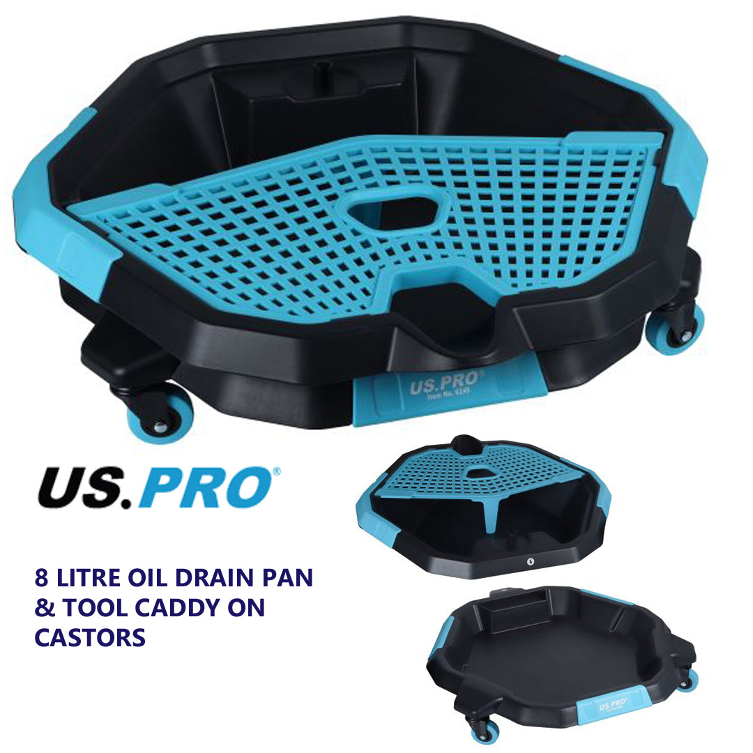 US PRO Tools 8 Litre Oil Drain Pan & Tool Caddy on Castors Garage Tray