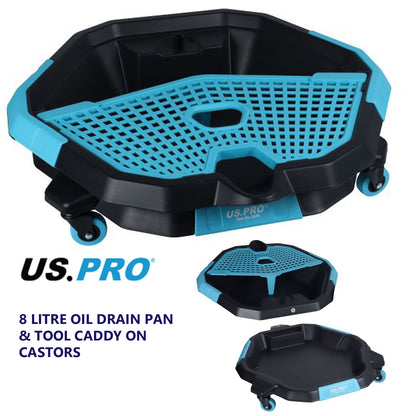 US PRO Tools 8 Litre Oil Drain Pan & Tool Caddy on Castors Garage Tray