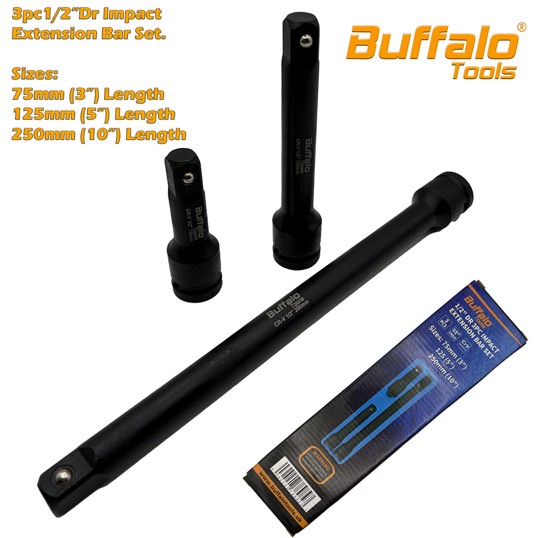 Buffalo Tools 1/2''Dr 3pc Impact Extension Bar Set 75mm 125mm 250mm