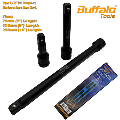 Buffalo Tools 1/2''Dr 3pc Impact Extension Bar Set 75mm 125mm 250mm