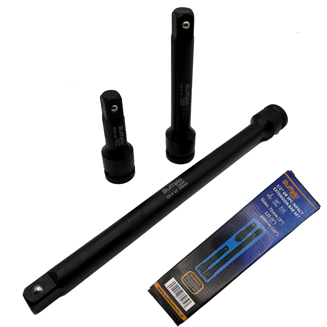 Buffalo Tools 1/2''Dr 3pc Impact Extension Bar Set 75mm 125mm 250mm