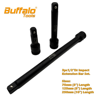 Buffalo Tools 1/2''Dr 3pc Impact Extension Bar Set 75mm 125mm 250mm