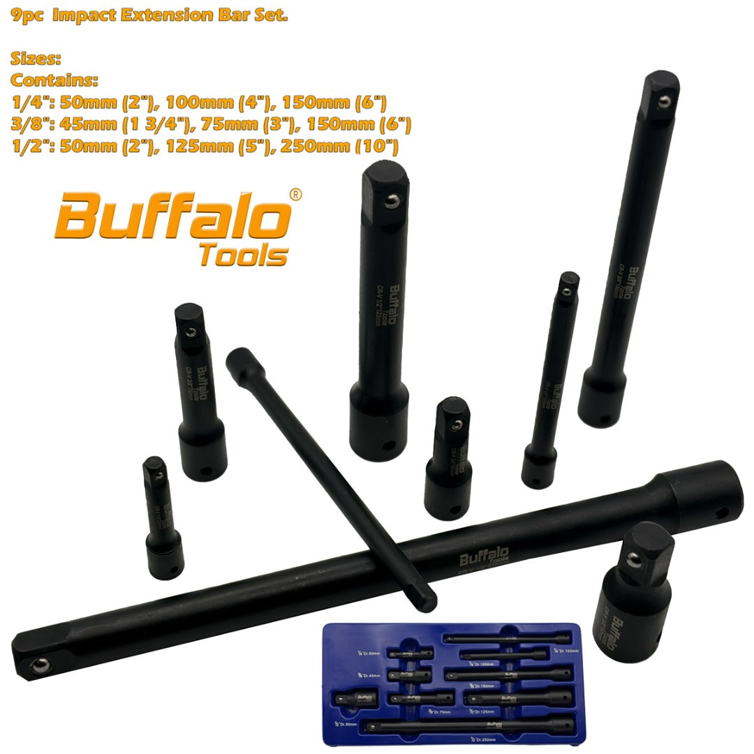 Buffalo Tools 9pc Impact Extension Bars Set 1/2'' 3/8'' 1/4'' 45mm to 250mm for Sockets