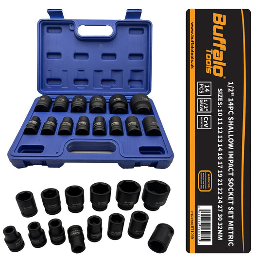 Buffalo Tools 14pc Impact Socket Sockets Set 1/2 Drive Metric Shallow 10mm - 32mm