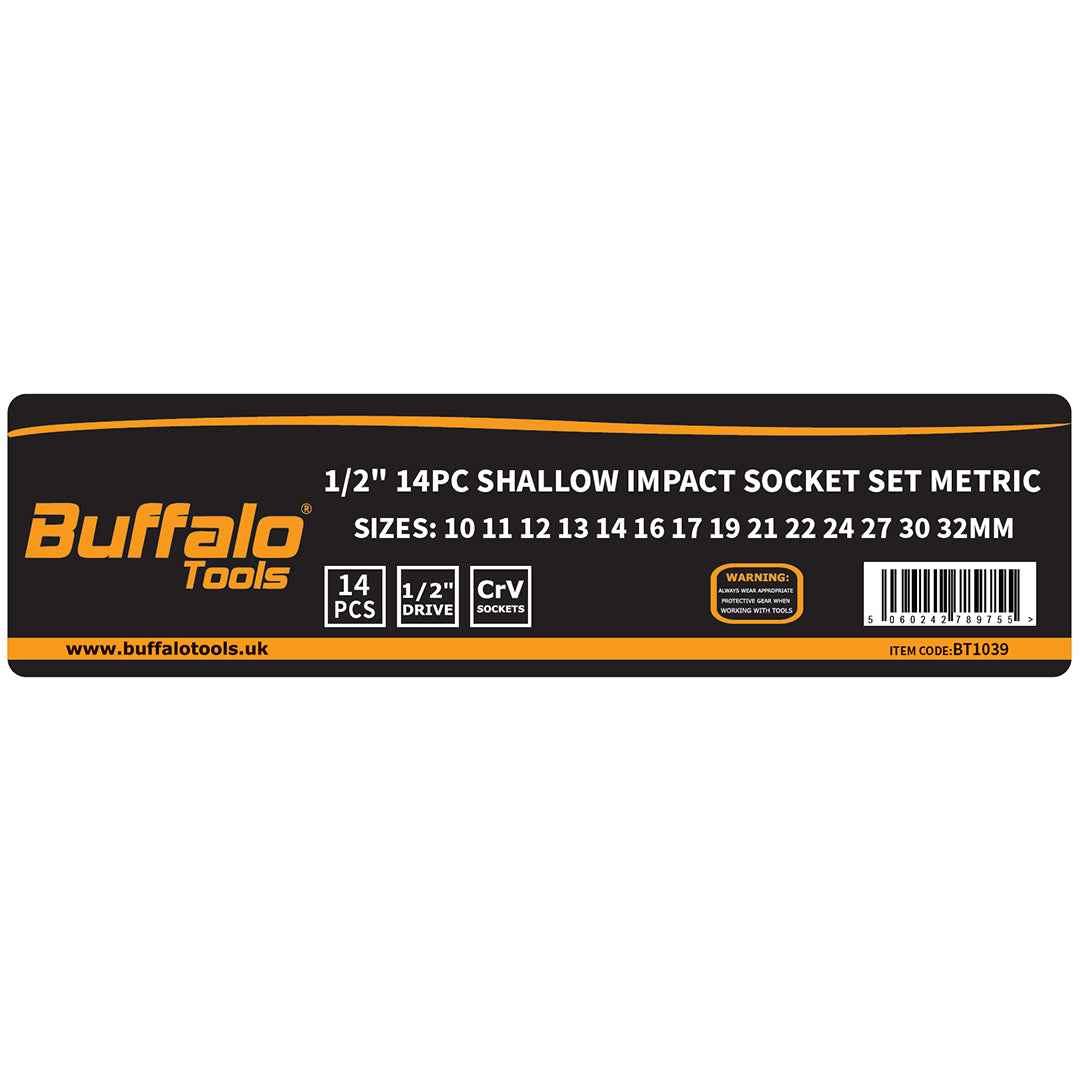 Buffalo Tools 14pc Impact Socket Sockets Set 1/2 Drive Metric Shallow 10mm - 32mm