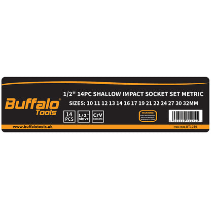 Buffalo Tools 14pc Impact Socket Sockets Set 1/2 Drive Metric Shallow 10mm - 32mm