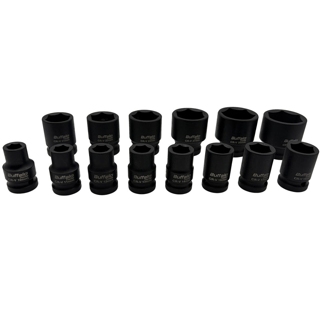 Buffalo Tools 14pc Impact Socket Sockets Set 1/2 Drive Metric Shallow 10mm - 32mm