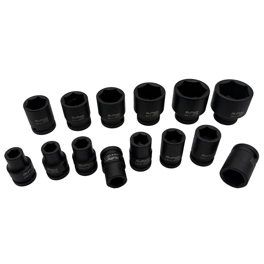 Buffalo Tools 14pc Impact Socket Sockets Set 1/2 Drive Metric Shallow 10mm - 32mm