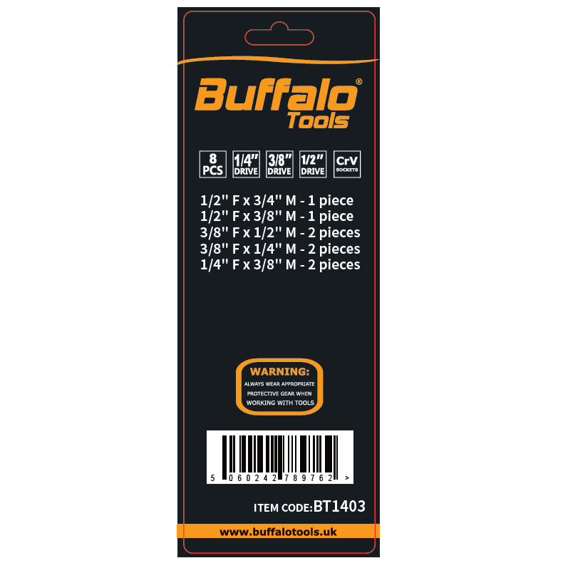 Buffalo Tools 8pc Impact Socket Converter Reducer Adapter Set 1/2'' 1/4'' 3/8'' 3/4''
