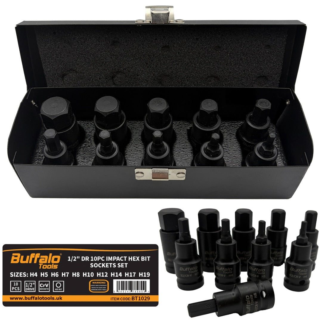 Buffalo Tools 10pc Impact HEX BIT Socket Set 1/2'' Drive 4mm to 19mm Allen Key in Metal Case