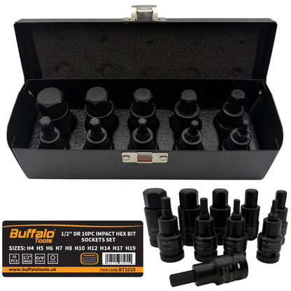 Buffalo Tools 10pc Impact HEX BIT Socket Set 1/2'' Drive 4mm to 19mm Allen Key in Metal Case