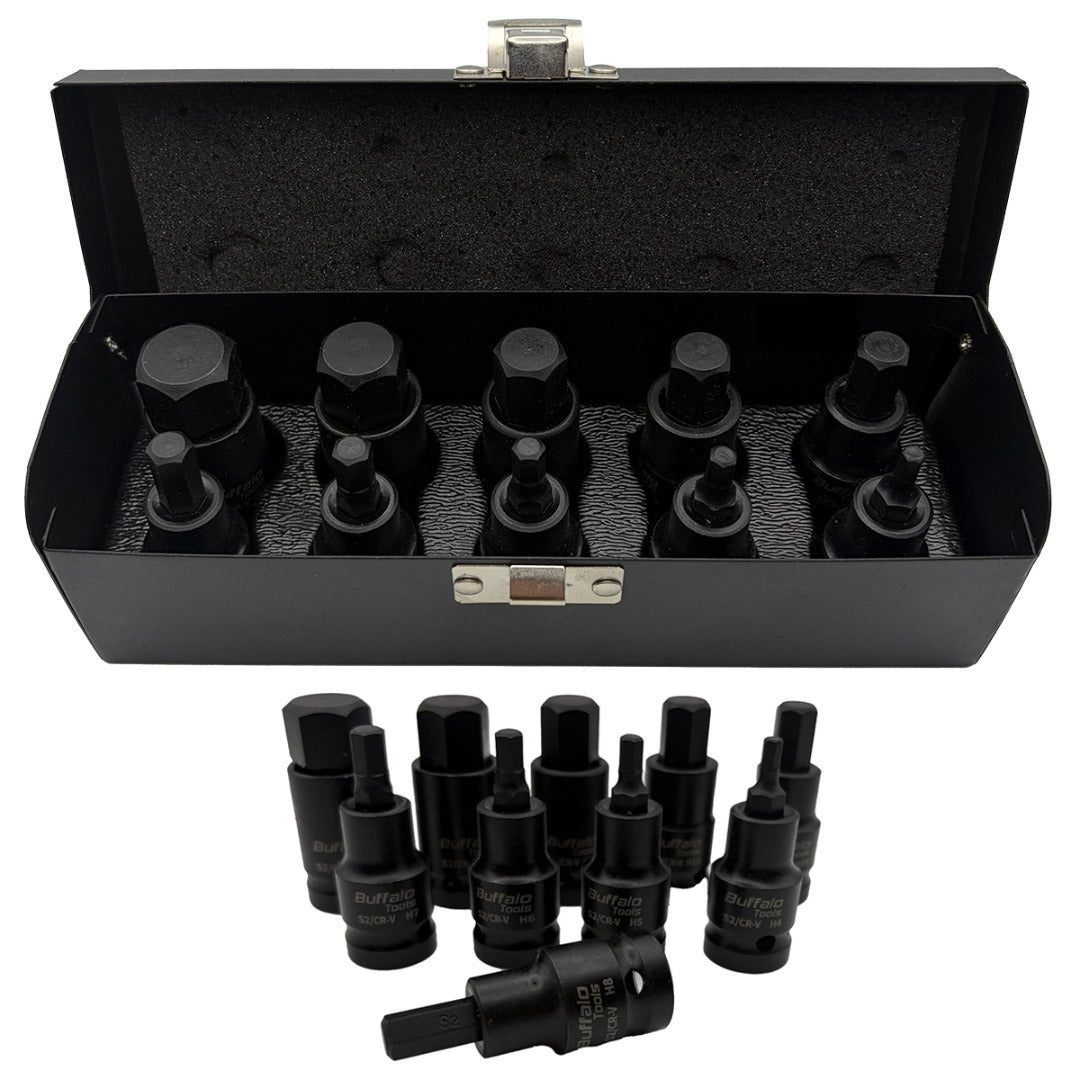 Buffalo Tools 10pc Impact HEX BIT Socket Set 1/2'' Drive 4mm to 19mm Allen Key in Metal Case