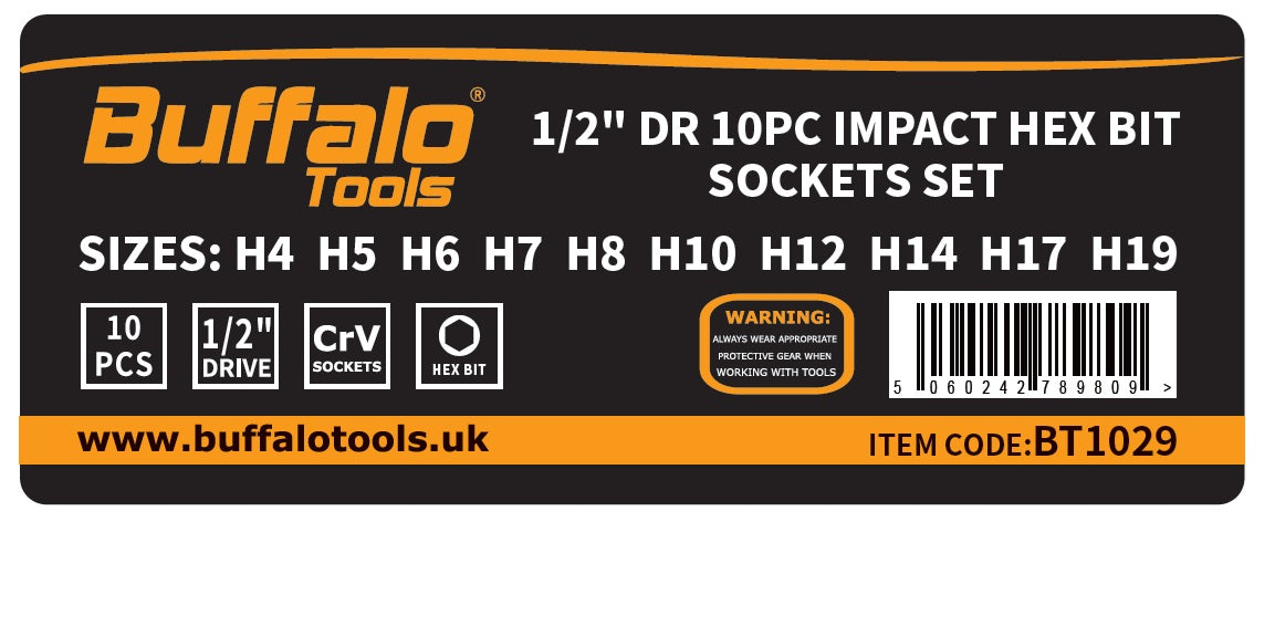 Buffalo Tools 10pc Impact HEX BIT Socket Set 1/2'' Drive 4mm to 19mm Allen Key in Metal Case