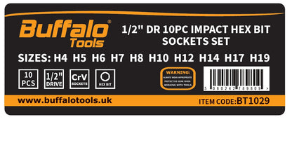 Buffalo Tools 10pc Impact HEX BIT Socket Set 1/2'' Drive 4mm to 19mm Allen Key in Metal Case