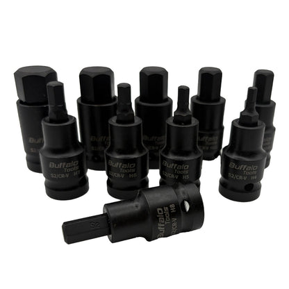 Buffalo Tools 10pc Impact HEX BIT Socket Set 1/2'' Drive 4mm to 19mm Allen Key in Metal Case